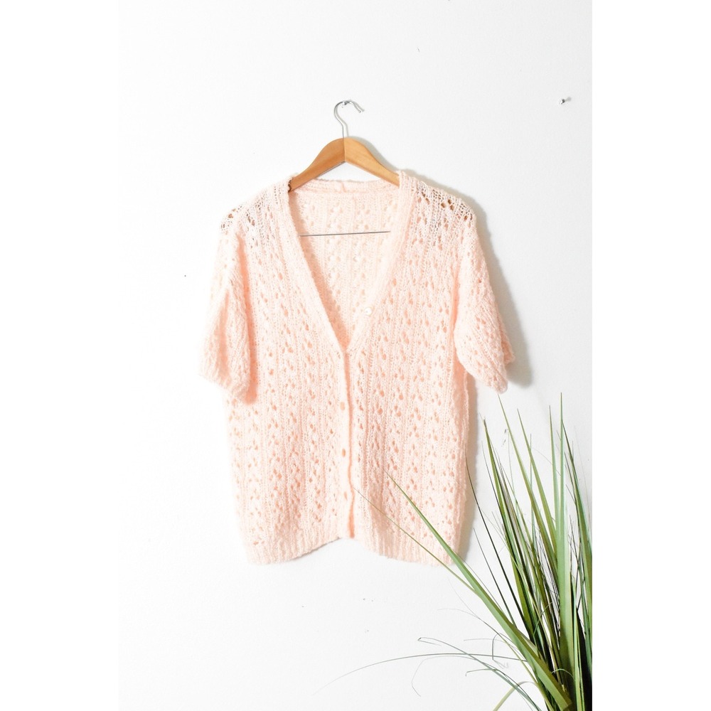 Handmade Cardigan Women XL Peach 80s Vintage Hand Crochet Pointelle Knit V-Neck